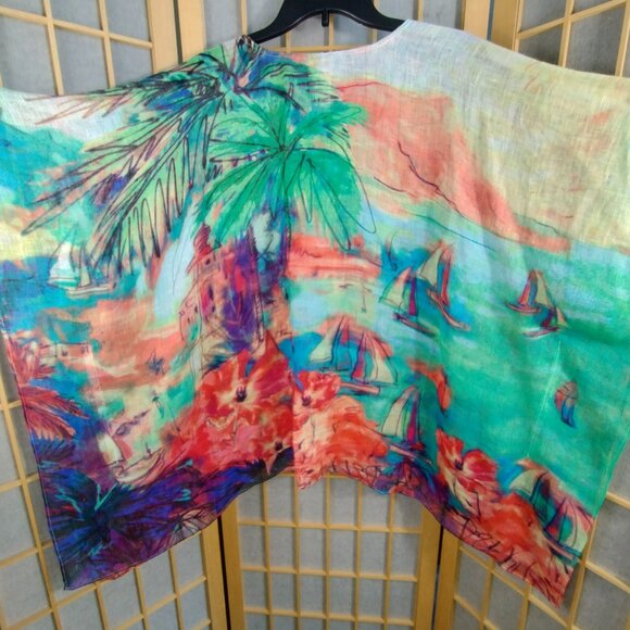 Chico's Tropical Sailboat Linen Poncho Top Size L/XL - Picture 3 of 9
